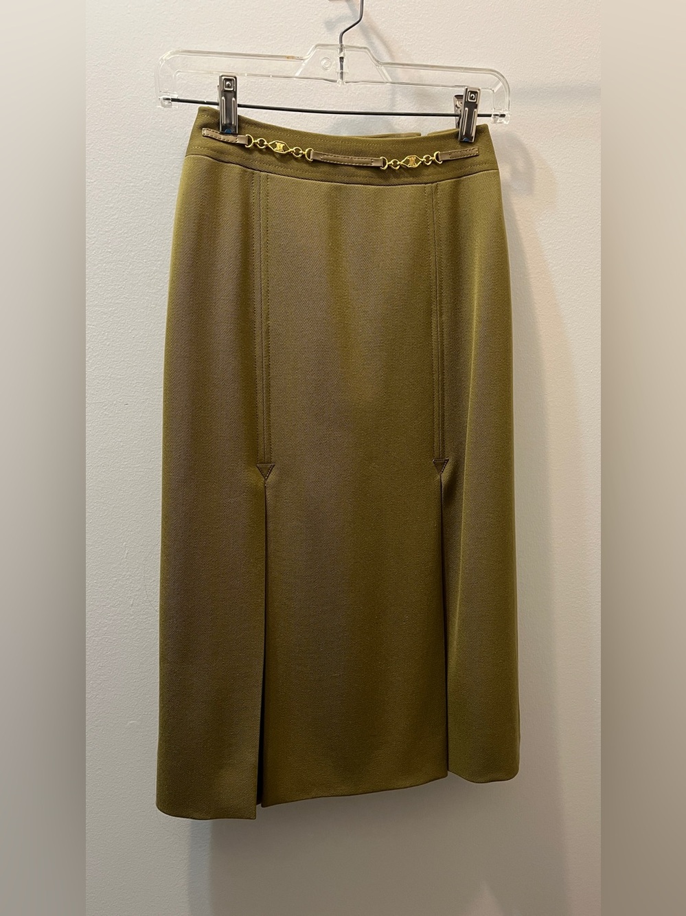 Celine Olive Green Midi Skirt with Gold Chain Trim